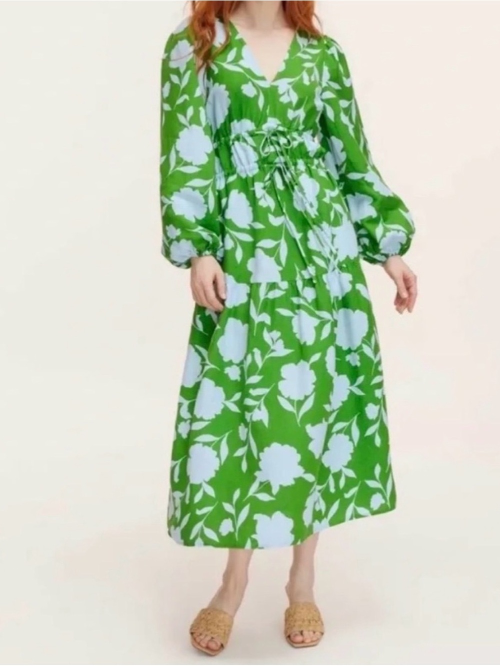 Kate Spade x Target Green & Blue Floral Print Long-Sleeve Linen Dress, Sz Large